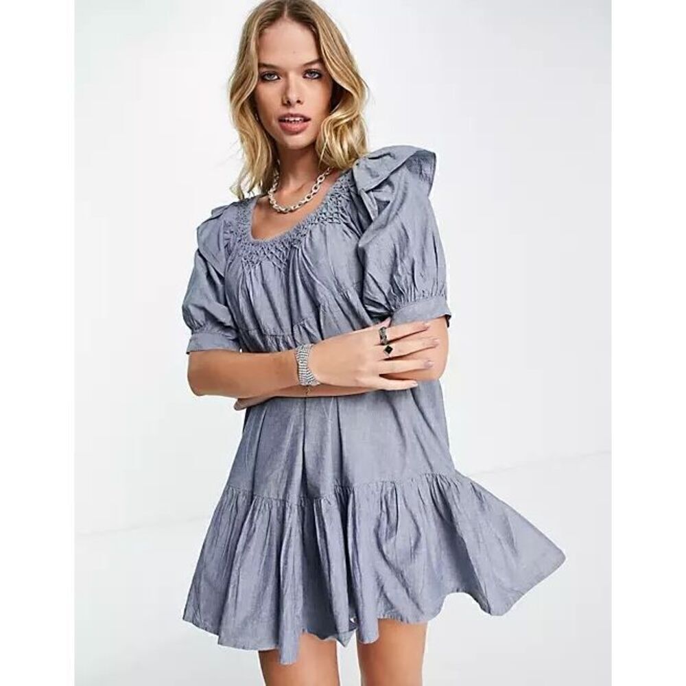 Free People Amelie Mini Denim Chambray Dress Size Small Cowgirl Western Boho